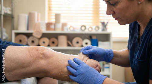 Prosthetist fitting silicone liner on patient residual limb