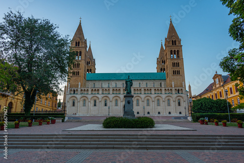 Sunset view of the basilica of Pecs in Hungary