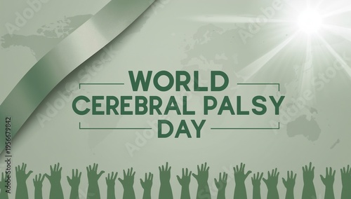 World cerebral palsy day awareness banner with raised hands and a world map background high quality