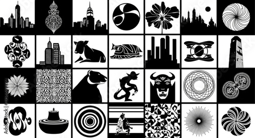 Black and white city icons.