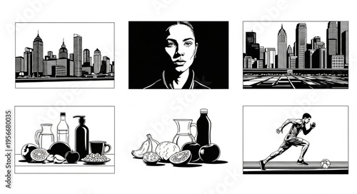 Black and white city life.