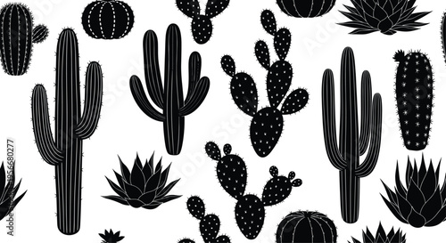 Web"Black silhouette illustration of diverse desert plants including cacti and succulents arranged in decorative pattern, showcasing botanical artwork, natural vegetation design,  