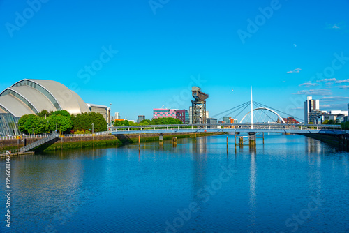 Riverside of Clyde river with SEC Armadillo building in Glasgow,