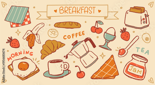 Charming retro composition of breakfast elements featuring vintage toaster, coffee pot and eggs