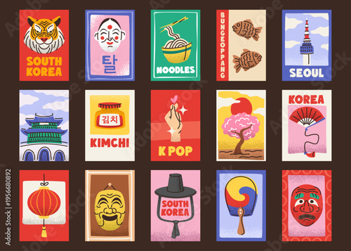 South Korea posters collection featuring iconic landmarks, traditional motifs, cultural aesthetics