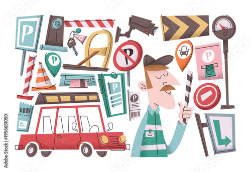 Professional parking service elements set including road signs, valet stands, meters and barriers