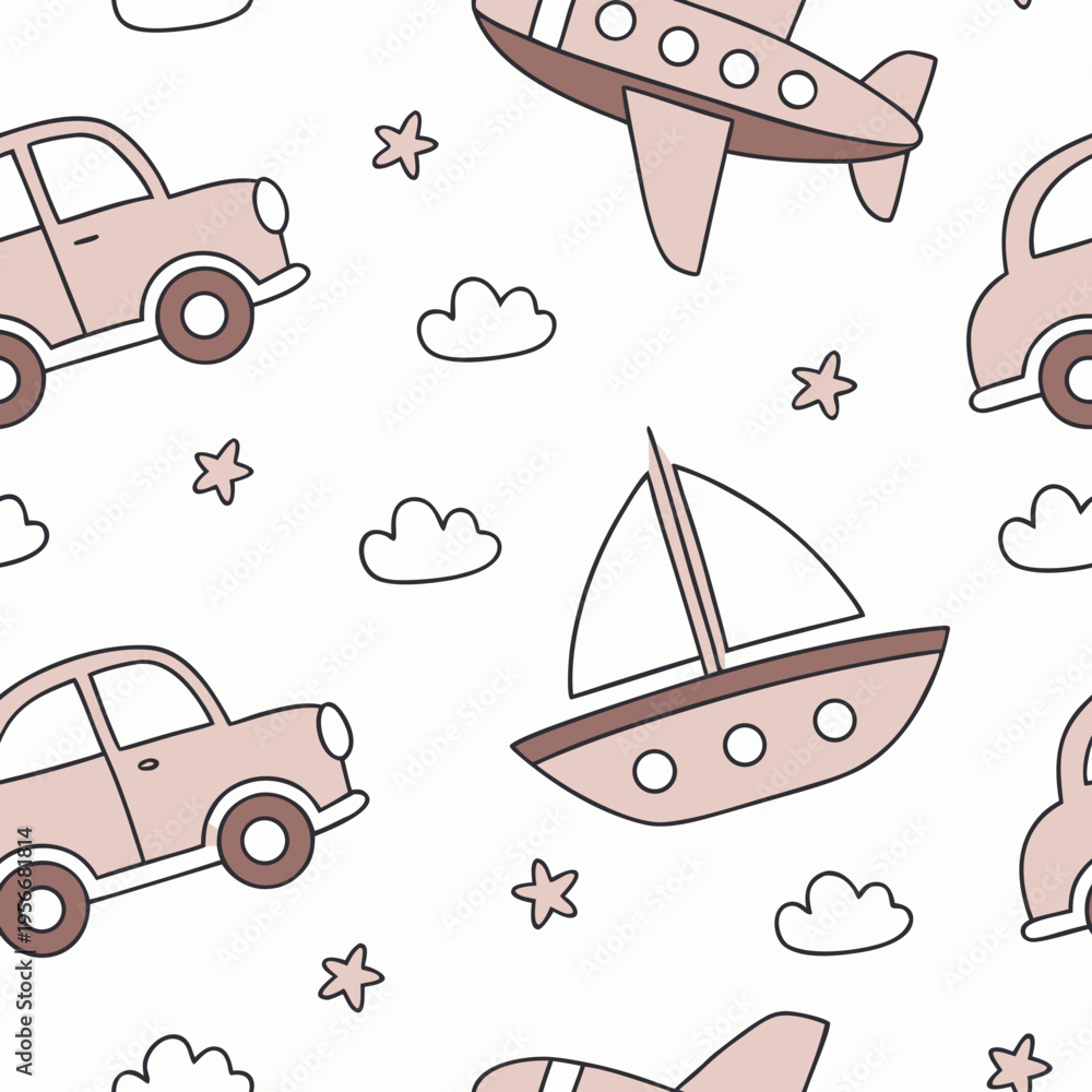 Obraz premium seamless pattern, cute cars, trucks, planes, boats, flat vector, pastel colors, cartoon style, white background, children fabric, notebook covers