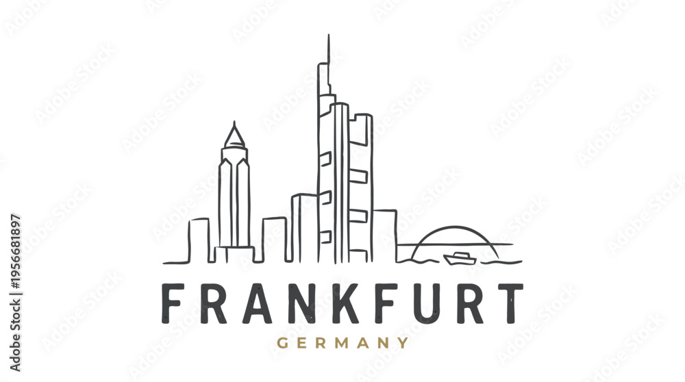 Fototapeta premium Stylized black and white minimalistic cityscape illustration featuring the Frankfurt skyline with iconic buildings and a setting