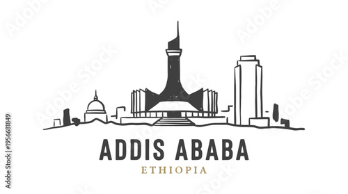 Minimalist Illustration of Addis Ababa Skyline Featuring prominent landmarks of Ethiopia's capital city