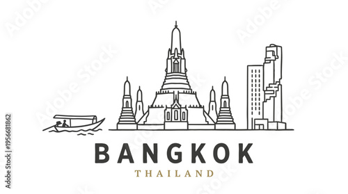 Minimalist Line Drawing of Bangkok Skyline Highlighting Major Landmarks and Cityscape Elements in a Clean Monochrome Style