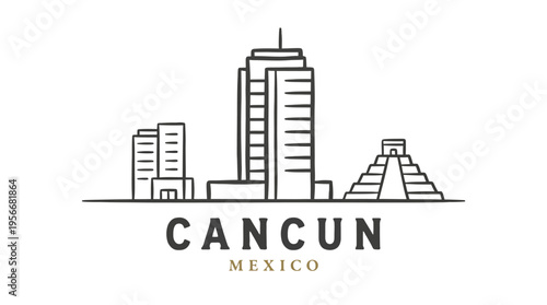 Minimalist Line Drawing Depicting Cancun's Iconic Skyline with Tall Buildings and Pyramid Structure in Mexico