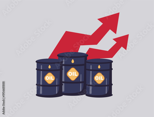Rising oil price growth graph alongside a crude oil barrel vector illustration. Represents energy market trends, fuel