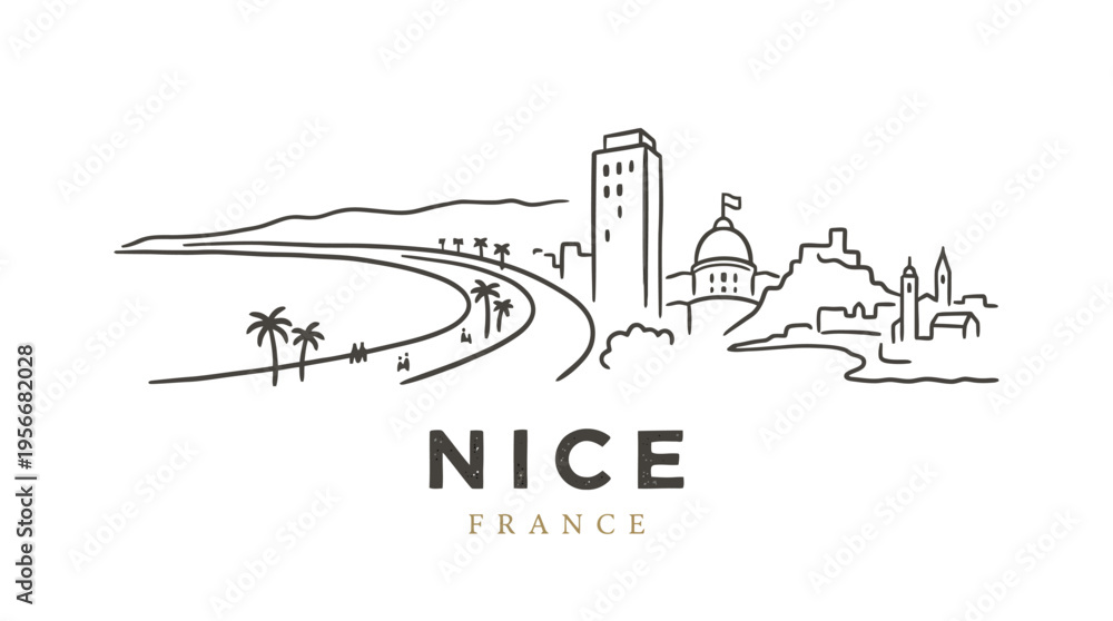Obraz premium Minimalist illustration capturing the diverse scenic attractions and urban landscape of Nice France with coastal views and