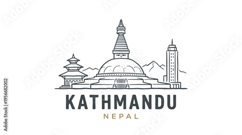Minimalist Line Art Depiction of Kathmandu Nepal's Historic Landmarks in Monochrome Style for Cultural and Architectural
