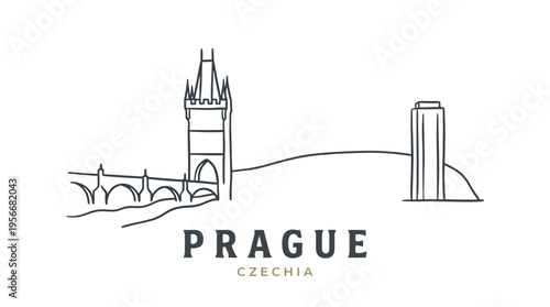 Minimalist Line Drawing of Prague's Landmark Skyline Featuring Charles Bridge and Tower