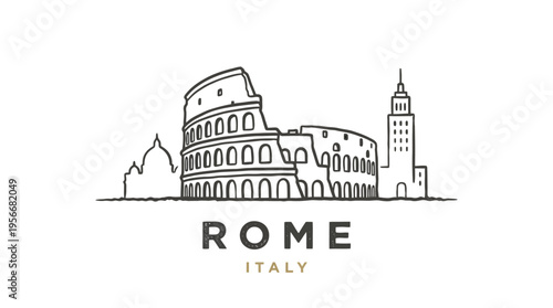 Minimalist line drawing of iconic Roman landmarks and architecture in Italy emphasizing historical and cultural heritage of Rome