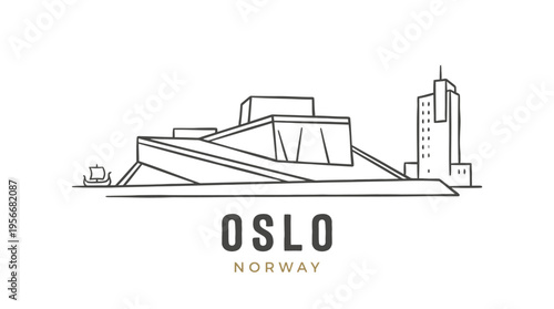 Minimalist black and white illustration of Oslo cityscape showcasing innovative architecture and iconic structures in Norway