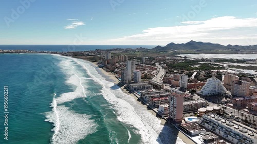 Aerial view La Manga del Mar Menor beach coastline Spain