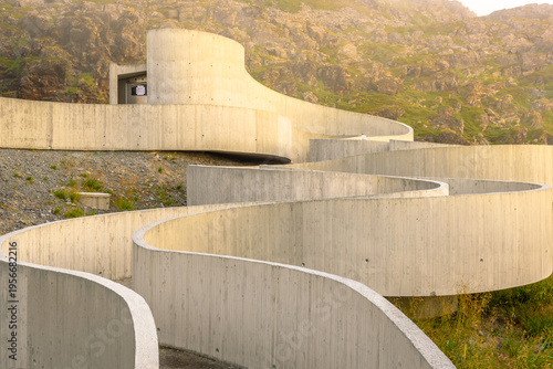 Curved Concrete Arches of Selvika Rest Area in Golden Light, National Tourist Route Havøysund, Finnmark, Norway