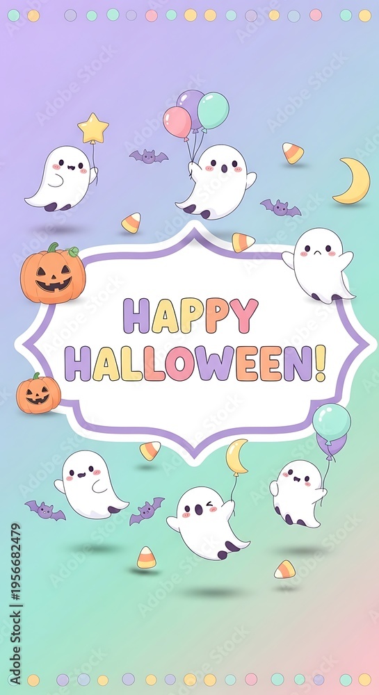 Fototapeta premium Adorable Happy Halloween Ghosts and Pumpkins with Balloons and Candy Corn