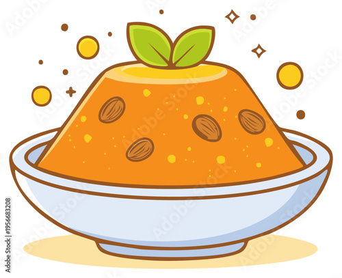 Halwa dessert in a bowl sweet Asian food with almonds and leaves
