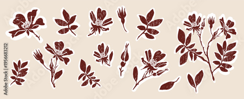 Hand drawn floral block print motif icon set with leaf, rosebud, flower collage. Isolated flat vector element lino cut elegant neutral tone bundle.For spring summer botanical garden handmade mood