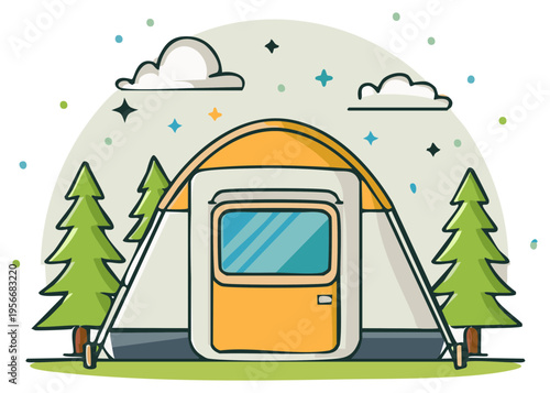 Illustration of a camping tent with trees and stars under a colorful sky