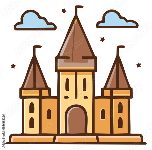 Cute fairytale castle illustration with towers, clouds, and stars. Fantasy kingdom vector icon.