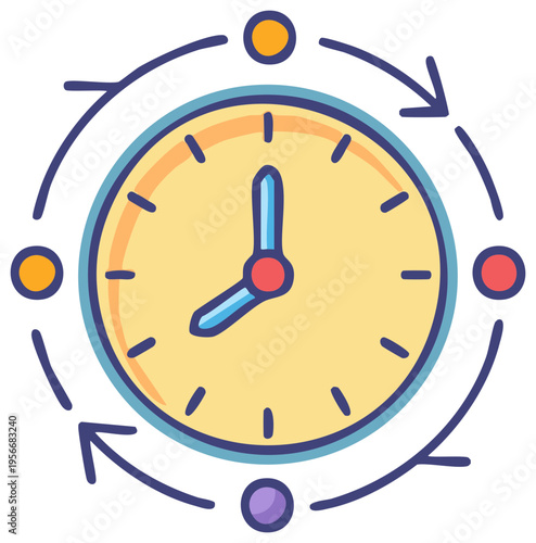 Doodle Style Clock with Round-Trip Arrows Depicting Cycles and Recurring Events