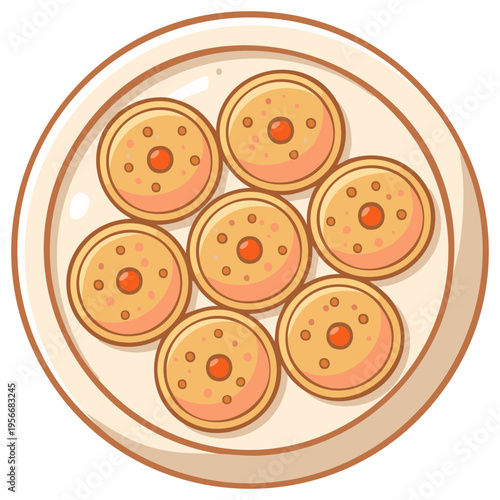 Vibrant Vector Illustration of Seven Delicious Round Cookies with Fruit Jam Centers on a Plate