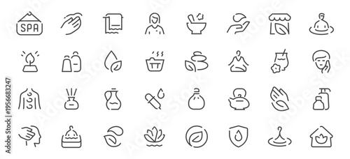 Spa and wellness line icons set. Beauty and relaxation outline vector symbols collection
