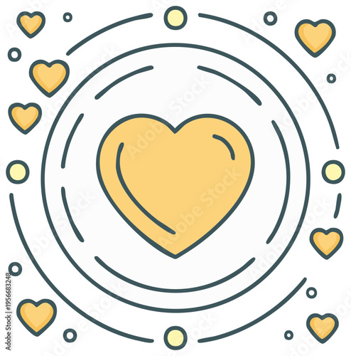 Yellow heart surrounded by radiating small hearts and circles connection love concept