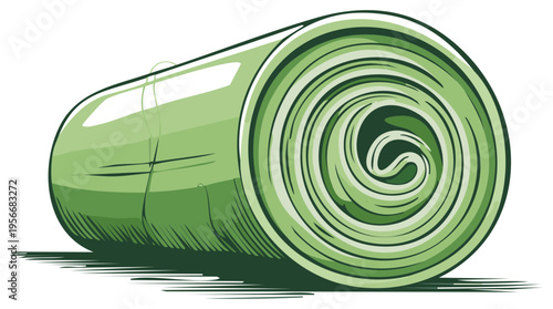Rolled hay bale illustration, green tones, vector.