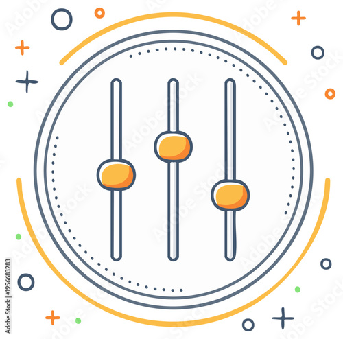 Modern graphic icon showing three vertical sliders for customizable settings adjustments and control