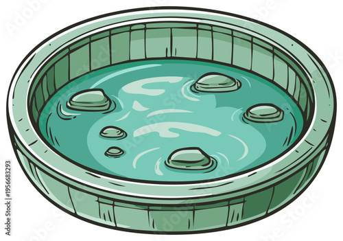 Cartoon Illustration of a Hot Spring with Water and Rocks in Green Tones
