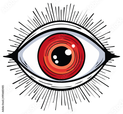 All Seeing Eye Graphic with Red Iris and Eyelash Rays Concept Icon Element Symbol Design