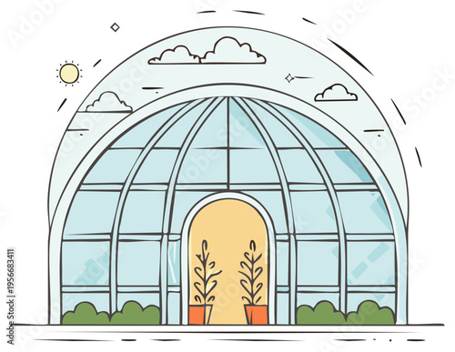Cute greenhouse dome with plants, clouds, and sun, showcasing plant cultivation and the beauty of horticultural practices.