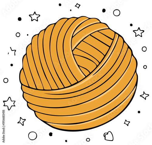 Cartoon illustration of a yarn ball with star shapes and dots around it, crafting and handmade theme