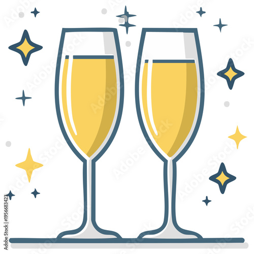 Two champagne flutes filled with bubbly liquid surrounded by festive stars