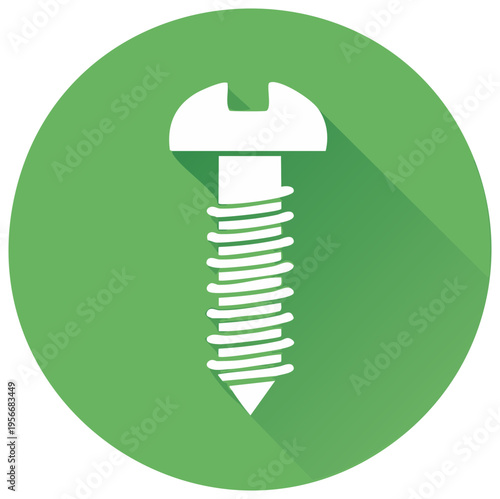 White slotted head screw icon on round green background with flat design style