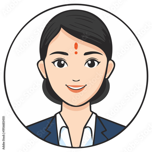 Friendly East Asian Woman with Traditional Bindi Dot Wearing a Suit