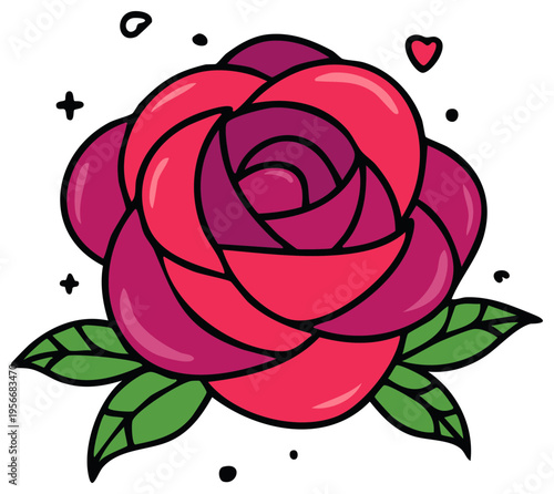 Old School Tattoo Inspired Rose Flower Illustration with Love Heart