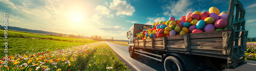 Cargo truck full of colorful Easter eggs on the road in the spring countryside. Concept of Easter logistics, cargo and shipping.