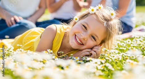 Smiling little girl with daisies in her hair and on her yellow dress, lying happily among spring flowers in a sunlit meadow.