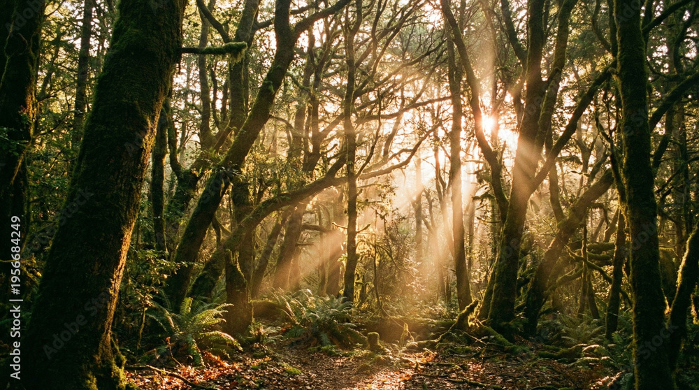 Fototapeta premium Warm Sunset Light Through Tree Branches Silhouette. Inviting golden hour light filtering through intricate tree branch patterns creating warm natural cathedral effect