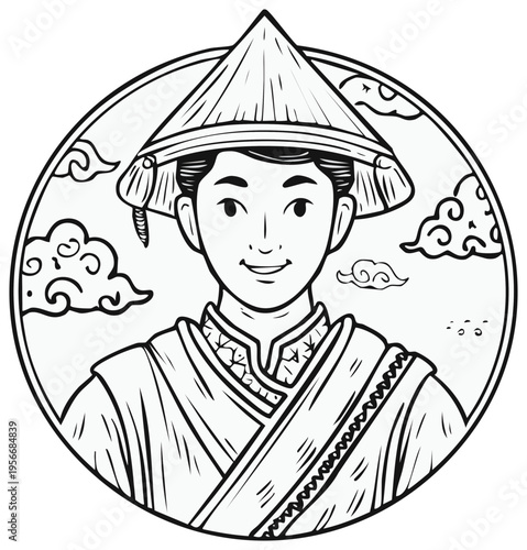 Asian Man Wearing Traditional Hat and Clothes Smiling with Clouds Design