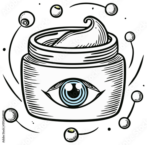 Mystical Eye Cream Jar with Floating Orbs Skincare Illustration