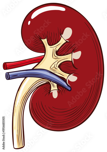 Detailed Kidney Anatomy Illustration with Artery and Vein for Educational Use