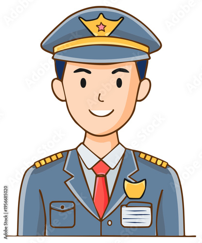 Cartoon Portrait of a Smiling Police Officer Wearing Uniform Hat and Red Tie