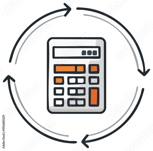 Calculator with circling arrows representing a continuous calculation cycle.